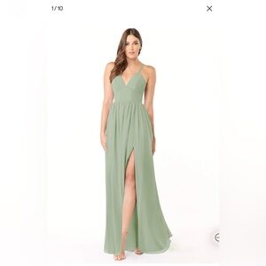 Dusty Sage bridesmaids dress with sides slit and ties up in the back